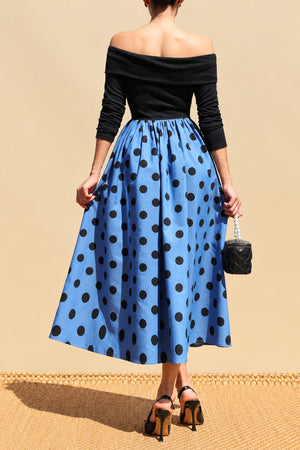 DD8666, Polka Dot Off Shoulder Denim Midi Dress