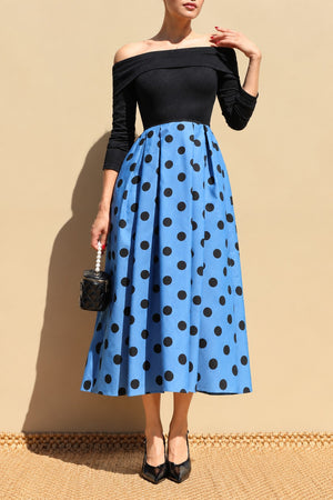 DD8666, Polka Dot Off Shoulder Denim Midi Dress