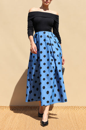 DD8666, Polka Dot Off Shoulder Denim Midi Dress