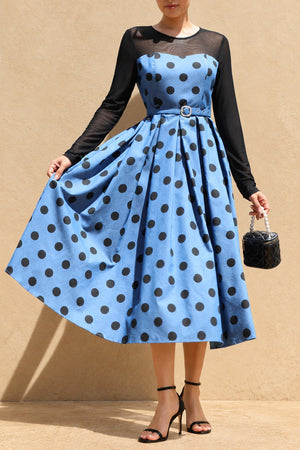 DD8678, Polka Dot Belted Denim Midi Dress