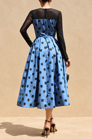 DD8678, Polka Dot Belted Denim Midi Dress