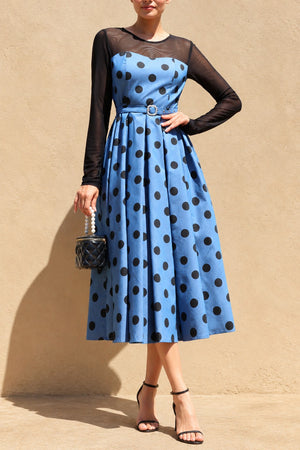 DD8678, Polka Dot Belted Denim Midi Dress