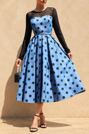 DD8678, Polka Dot Belted Denim Midi Dress
