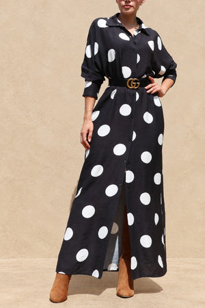 DD8514, Polka Dot Loose Fit Shirt Maxi Dress