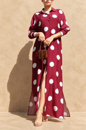 DD8514, Polka Dot Loose Fit Shirt Maxi Dress