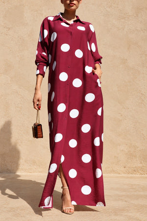 DD8514, Polka Dot Loose Fit Shirt Maxi Dress