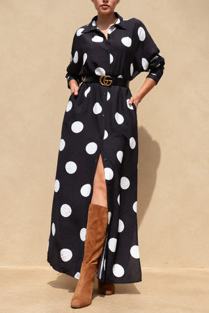 DD8514, Polka Dot Loose Fit Shirt Maxi Dress