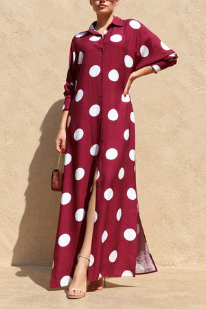 DD8514, Polka Dot Loose Fit Shirt Maxi Dress