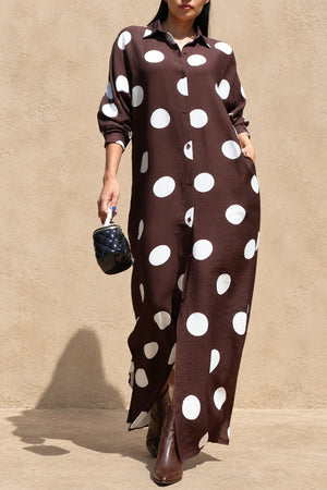 DD8514, Polka Dot Loose Fit Shirt Maxi Dress