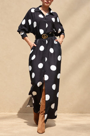 DD8514, Polka Dot Loose Fit Shirt Maxi Dress