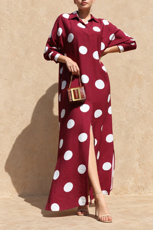DD8514, Polka Dot Loose Fit Shirt Maxi Dress