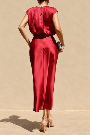 DD8484, Ruched Neck Satin Midi Dress