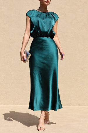 DD8484, Ruched Neck Satin Midi Dress