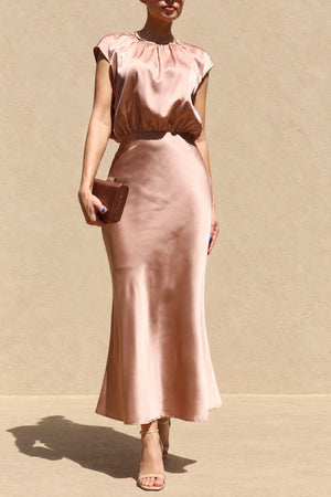 DD8484, Ruched Neck Satin Midi Dress