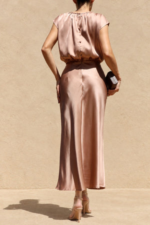 DD8484, Ruched Neck Satin Midi Dress