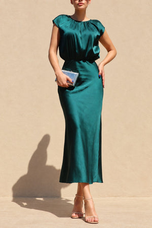 DD8484, Ruched Neck Satin Midi Dress