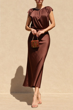 DD8484, Ruched Neck Satin Midi Dress