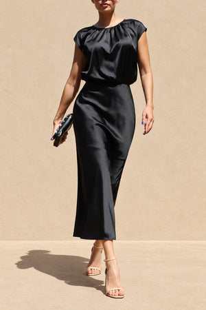 DD8484, Ruched Neck Satin Midi Dress