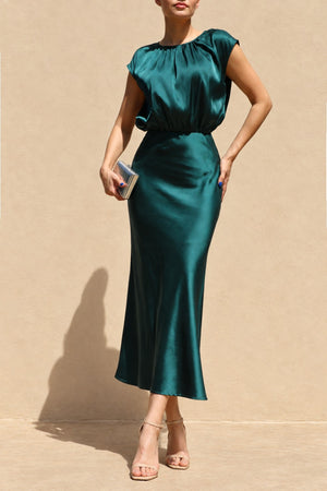 DD8484, Ruched Neck Satin Midi Dress