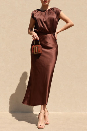DD8484, Ruched Neck Satin Midi Dress