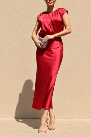 DD8484, Ruched Neck Satin Midi Dress
