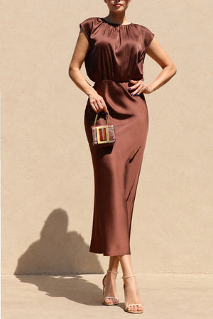 DD8484, Ruched Neck Satin Midi Dress