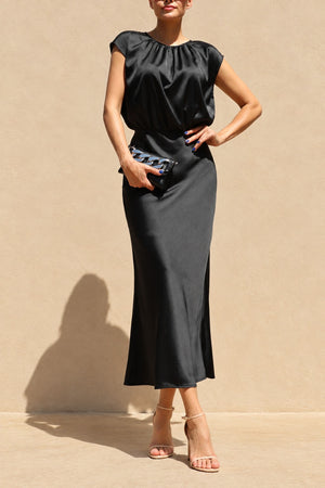 DD8484, Ruched Neck Satin Midi Dress