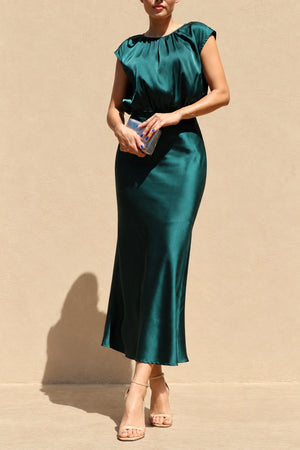 DD8484, Ruched Neck Satin Midi Dress