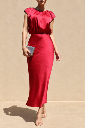 DD8484, Ruched Neck Satin Midi Dress