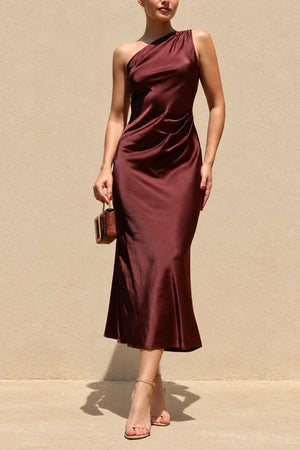 DD8594, One Shoulder Satin Midi Dress