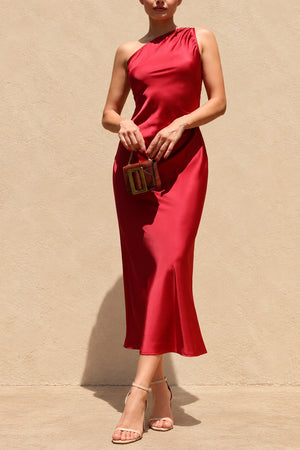 DD8594, One Shoulder Satin Midi Dress