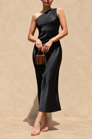 DD8594, One Shoulder Satin Midi Dress
