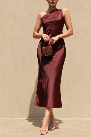 DD8594, One Shoulder Satin Midi Dress