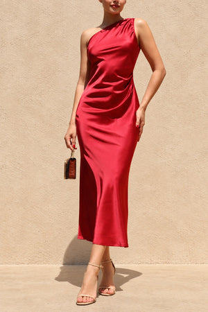 DD8594, One Shoulder Satin Midi Dress