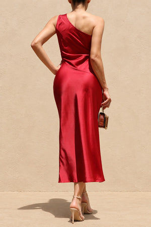 DD8594, One Shoulder Satin Midi Dress
