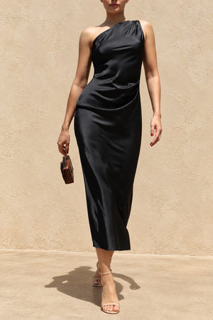 DD8594, One Shoulder Satin Midi Dress