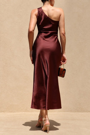 DD8594, One Shoulder Satin Midi Dress