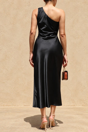 DD8594, One Shoulder Satin Midi Dress