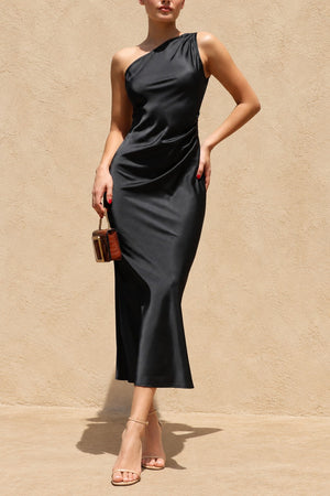 DD8594, One Shoulder Satin Midi Dress