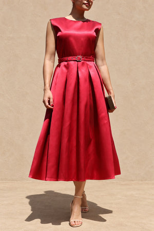 DD8588, Belted Satin Midi Dress