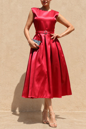 DD8588, Belted Satin Midi Dress