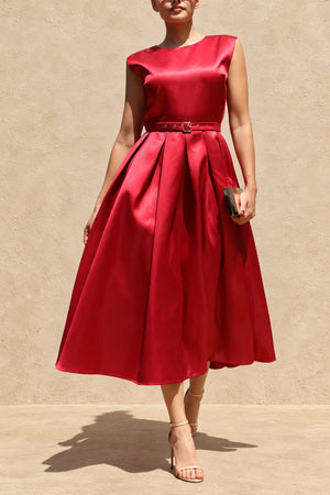 DD8588, Belted Satin Midi Dress