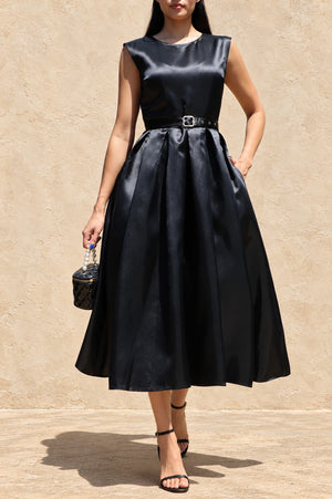 DD8588, Belted Satin Midi Dress