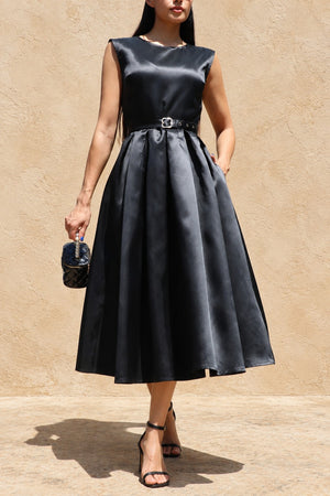 DD8588, Belted Satin Midi Dress