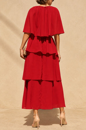 DD8693, Tiered Cape Midi Dress