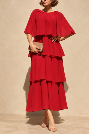 DD8693, Tiered Cape Midi Dress