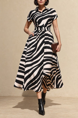 DD8770, Zebra Printed Belted Midi Dress