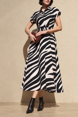DD8770, Zebra Printed Belted Midi Dress