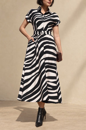 DD8770, Zebra Printed Belted Midi Dress