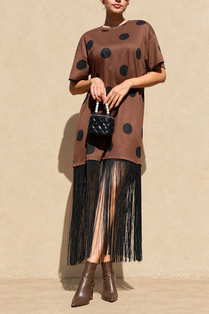 DD8809, Fringe Detail Polka Dot Knit Midi Dress